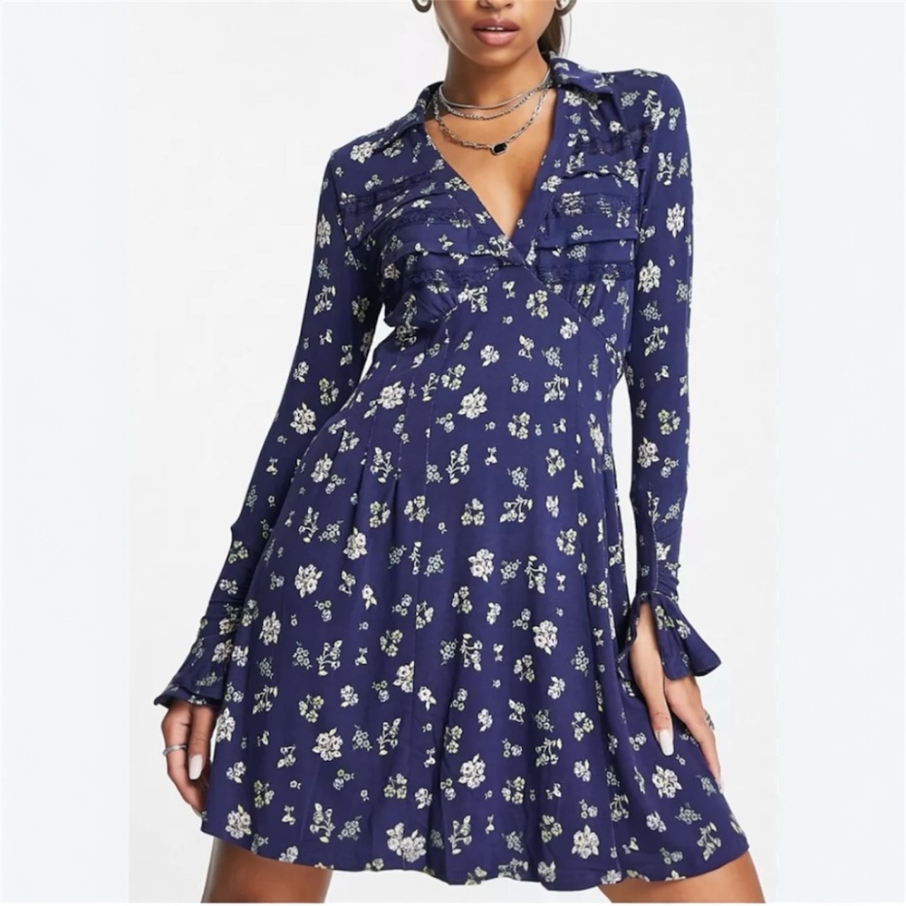Free People “Good Days” Mini Dress in Blue Size Small